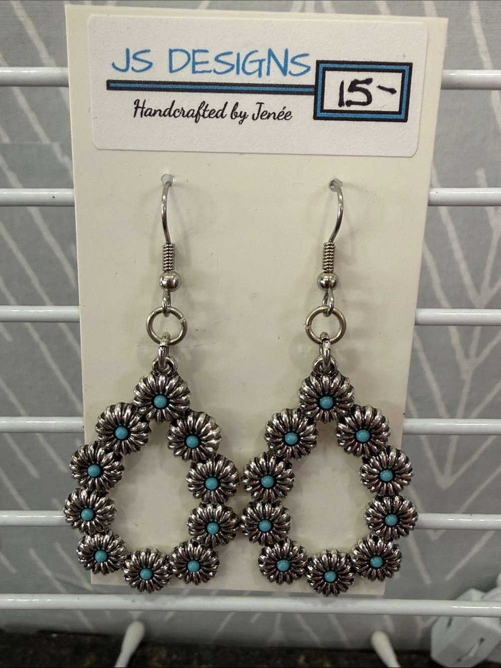 JS Designs Silver Daisy Teardrop Earrings with Turquoise Centers
